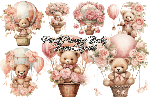 Download Pink Peonies Baby Bear Clipart - Premium Bundle