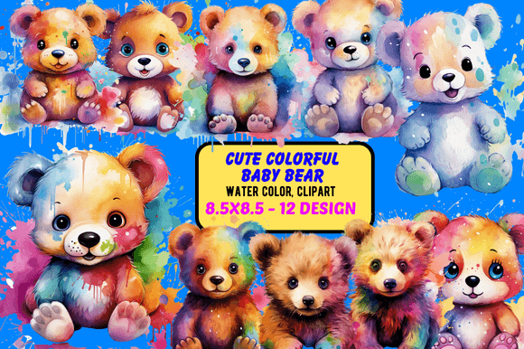 Download Cute Colorful Baby Bear Clipart Watercol - Premium Bundle